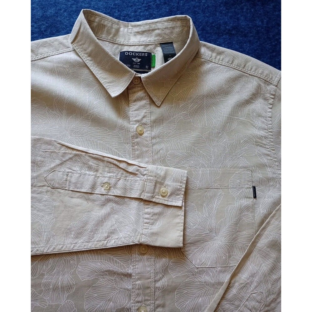 Dockers Mens Med Shirt Hawaiian Leaf Cream Button Down Long Sleeve Modern Resort